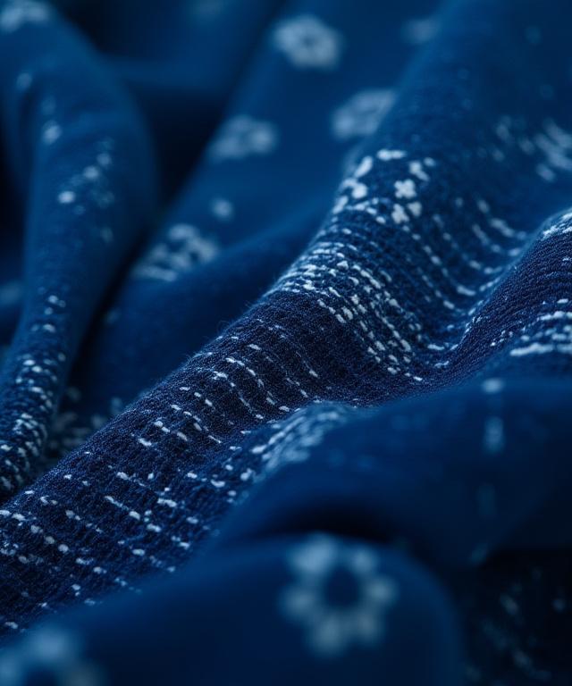 Close-up detail of a rich, indigo-dyed Japanese textile.